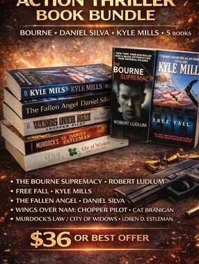 Action Thriller Book Lot | Bourne, Daniel Silva, Kyle Mills | 5 Books w/ bonuses